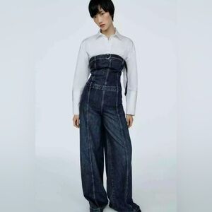 Zara STRAPLESS TRF DENIM JUMPSUIT. Navy Blue. Size M. New with Tags.